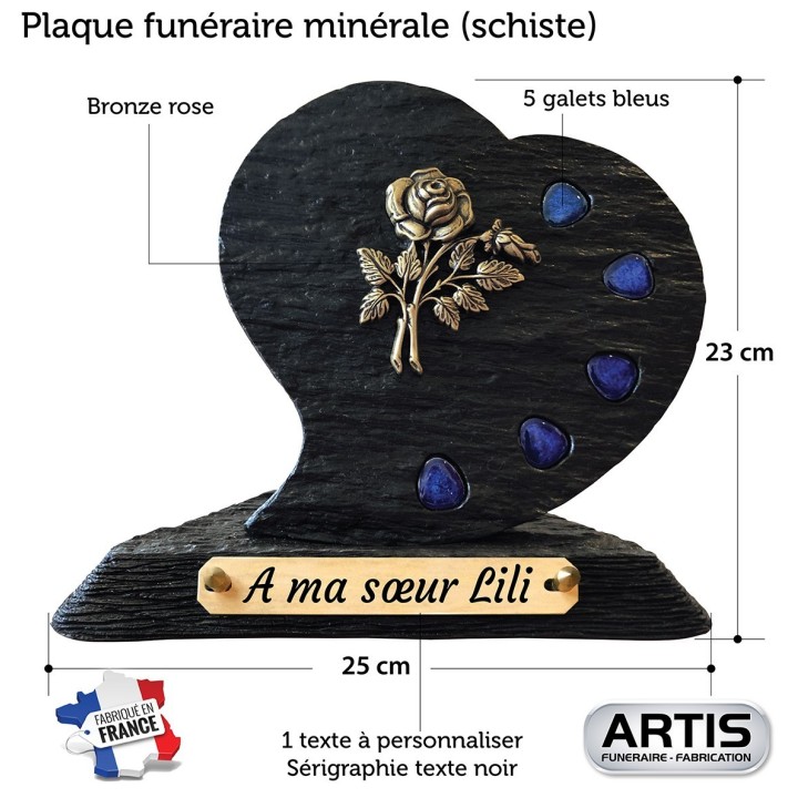 Plaque funéraire schiste Cœur et galets | Artis