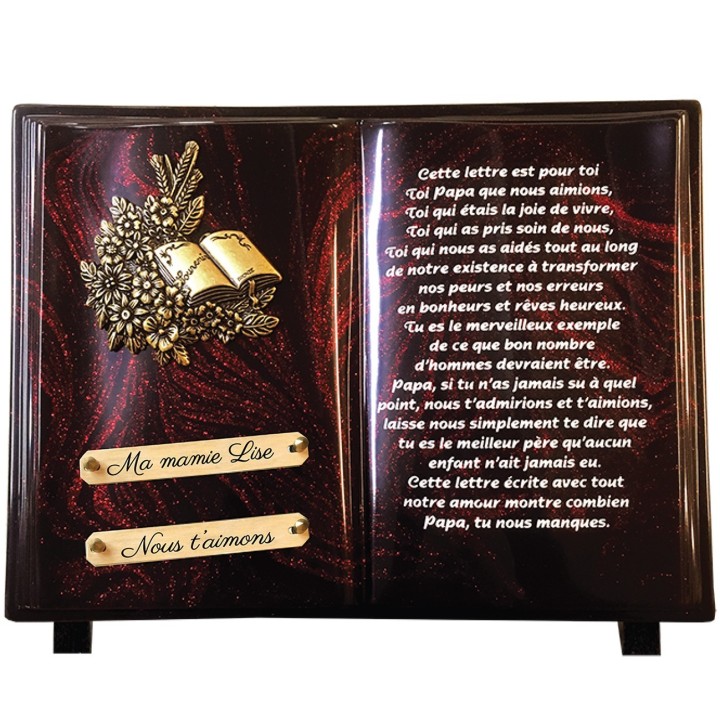 Plaque funéraire Livre Pailletée rouge 26 × 38 cm | Artis
