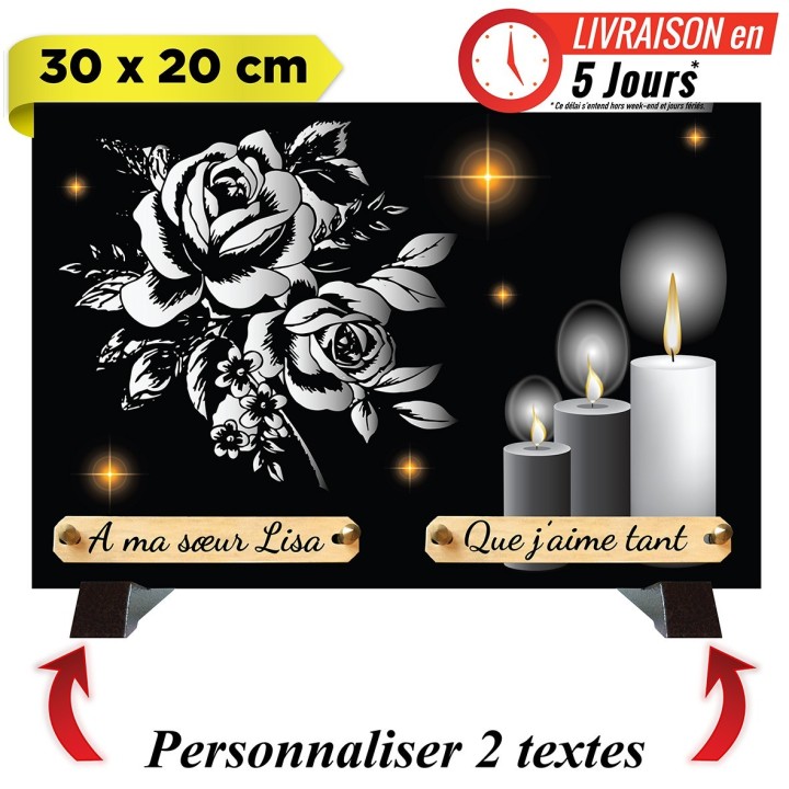 Plaque funéraire monochrome Roses et bougies | Artis