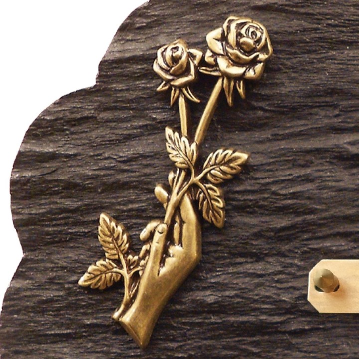 Plaque funéraire schiste et bronze main et rose | Artis