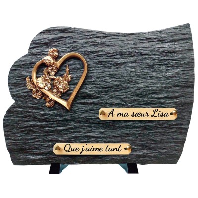 Plaque funéraire schiste et bronze cœur et fleurs | Artis