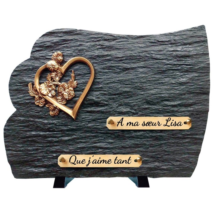 Plaque funéraire schiste et bronze cœur et fleurs | Artis