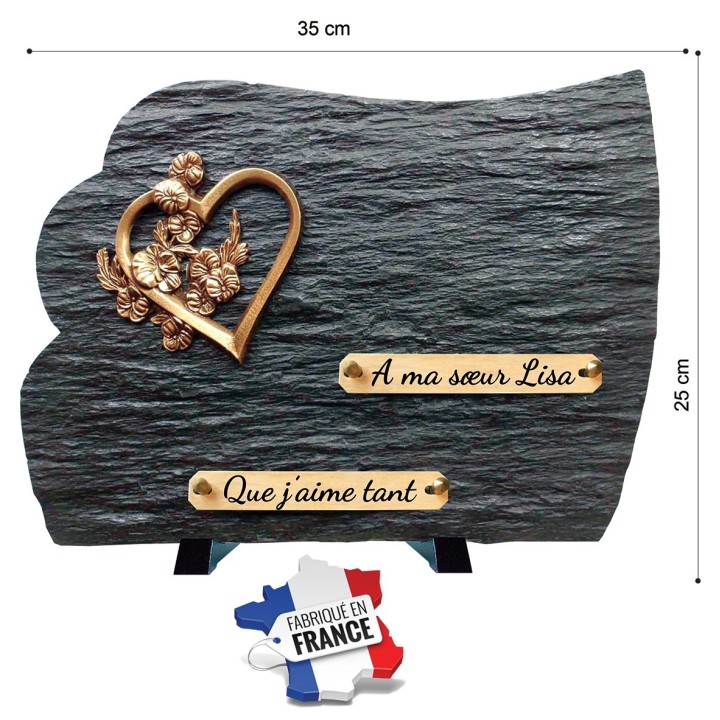 Plaque funéraire schiste et bronze cœur et fleurs | Artis