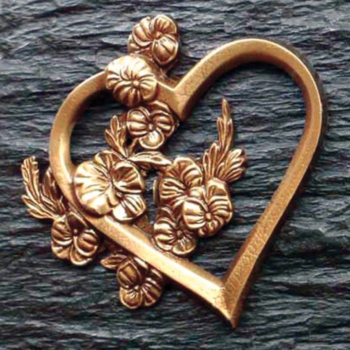 Plaque funéraire schiste et bronze cœur et fleurs | Artis