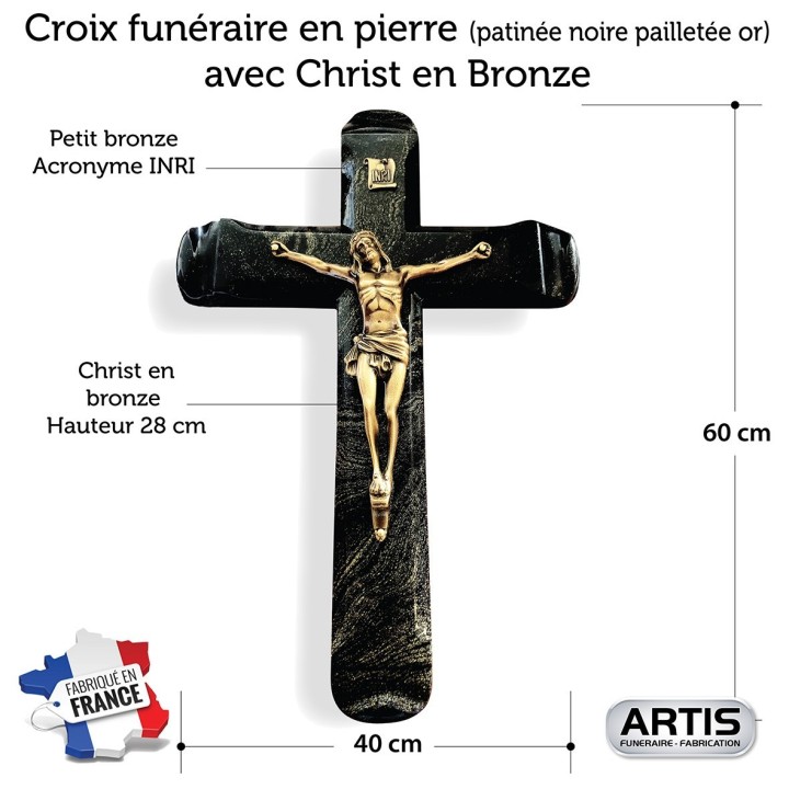 Croix Funéraire en Pierre et Christ en Bronze | Artis