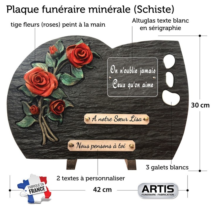 Plaque funéraire schiste et rose rouge | Artis