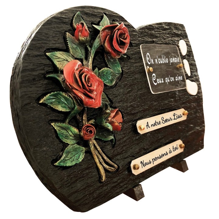 Plaque funéraire schiste et rose rouge | Artis