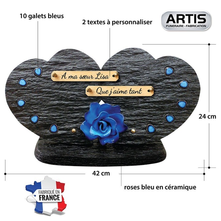 Plaque funéraire 2 cœurs et galets bleus | Artis