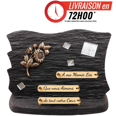 Plaque funéraire schiste socle Mosaïque verre argent | Artis
