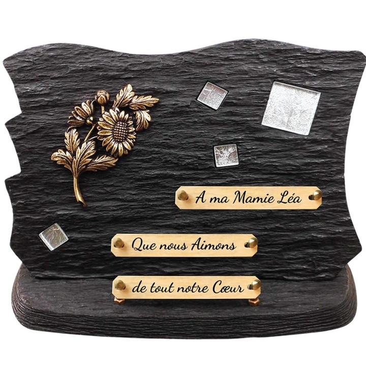 Plaque funéraire schiste socle Mosaïque verre argent | Artis