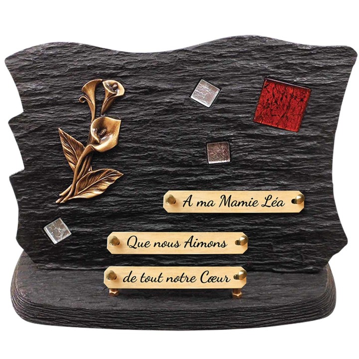 Plaque funéraire schiste socle Mosaïque verre roge | Artis