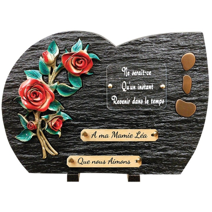 Plaque funéraire schiste Rose et Galets cuivres | Artis
