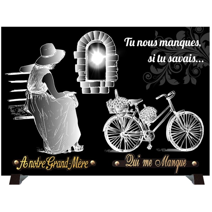 Plaque monochrome Vieille femme vélo | Artis Funéraire