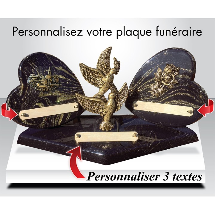 Plaque funéraire 2 Cœurs Pailletée OR | Artis