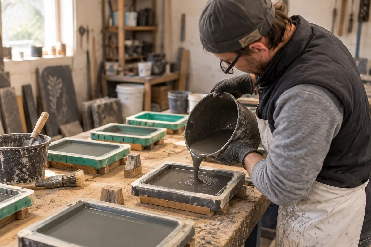 Coulée de résine dans un moule lors de la fabrication d'une plaque funéraire Artis
